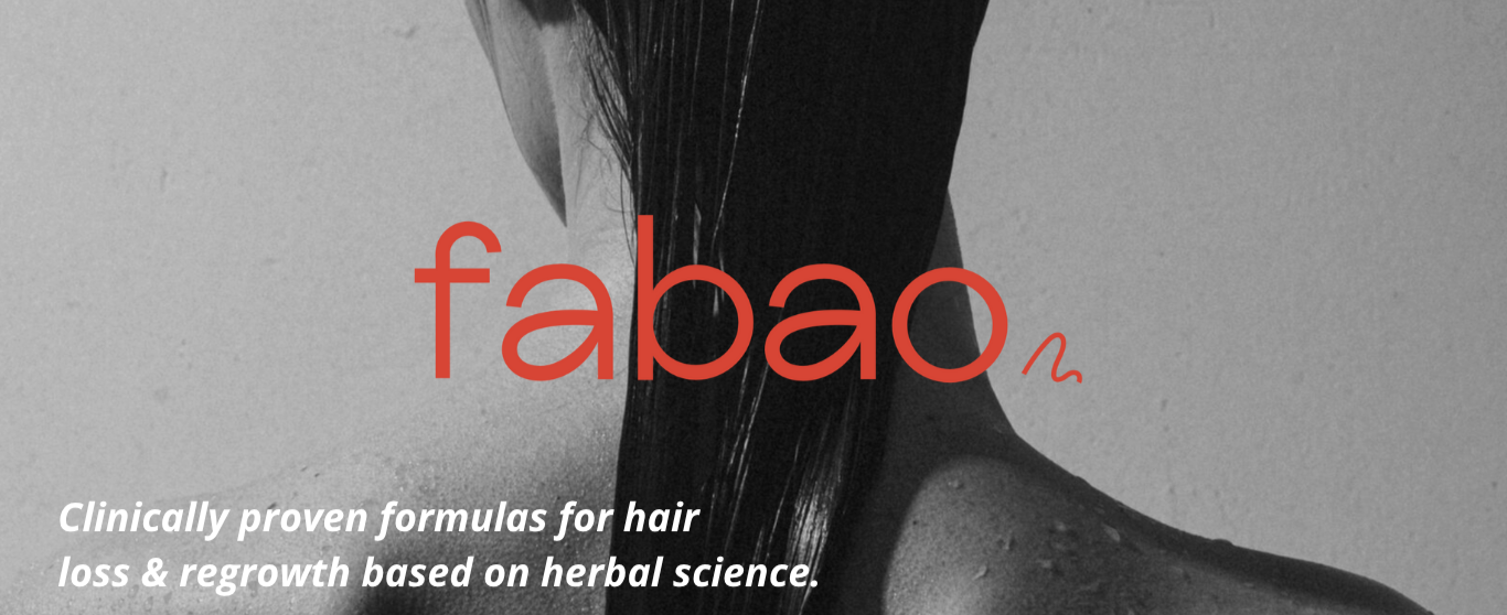 Person with long hair flowing down, featuring the brand 'fabao' on a gray background.