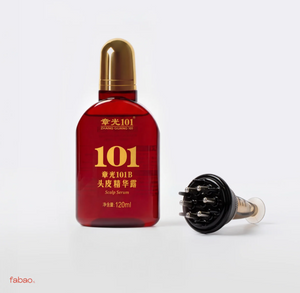 A red bottle of 101 Scalp Serum with a gold cap, shown next to its black multi-pronged applicator head on a light gray background.