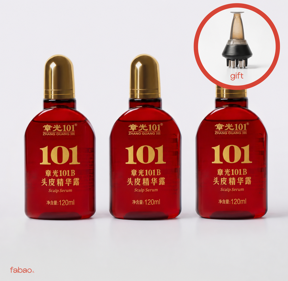 Three red bottles of Zhang Guang 101 Scalp Serum with gold caps, shown on a light gray background with a circular inset highlighting a gift applicator tip.