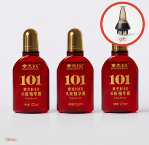 Three red bottles of Zhang Guang 101 Scalp Serum with gold caps, shown on a light gray background with a circular inset highlighting a gift applicator tip.