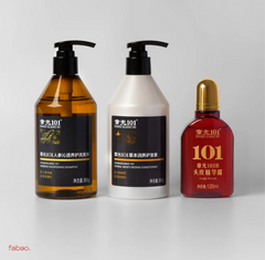 Three cosmetic bottles from the brand 101 (including shampoo, conditioner, and body lotion) arranged on a light gray background.