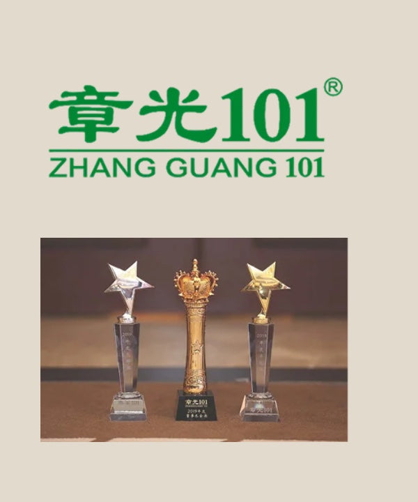 Zhangguang 101 logo above international award trophies
